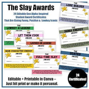 Editable Funny Slang Student Awards | Printable End of Year Gen Alpha Certificates | Digital Class Superlatives, Gen Z Slang Classroom Award