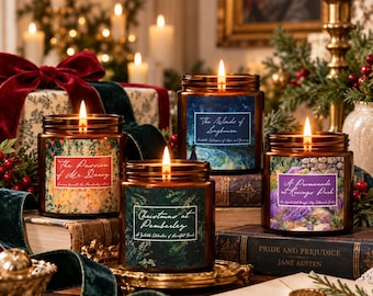 May include: Four amber glass jar candles with lit wicks, each featuring a unique label. Labels read: The Passion of Mr. Darcy, The Winds of Longbourn, Christmas at Pemberley, and A Promenade at Rosings Park. The candles sit on books.