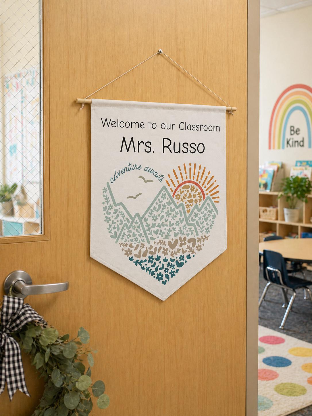 Personalized Teacher Door Sign | Custom Name Adventure Awaits Pennant ...