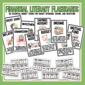May include: A set of 56 colourful flashcards with watercolour illustrations and black text. The flashcards are designed to teach financial literacy concepts such as credit score, savings account, investment, commission, inflation, checking account, budget, income, and mutual fund.