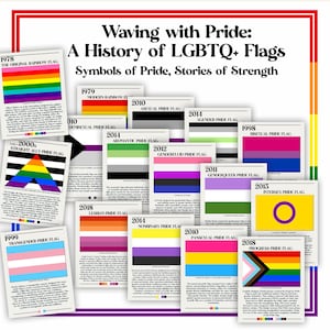 Pride Month Poster Set | Retro Pride Flagge Geschichte Bulletin Board Poster | LGBTQ+ Pride Month Klassenzimmer Dekor | Juni inklusive Printable