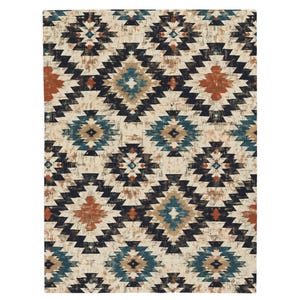 May include: A rectangular rug with a repeating geometric pattern in shades of navy, teal, rust, and beige. The design features diamond and zigzag shapes, creating a textured, distressed look. The rug's style is reminiscent of Southwestern or tribal designs.