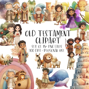 Könnte beinhalten: Eine Illustration mit Cliparts aus dem Alten Testament. Das Bild zeigt verschiedene biblische Figuren, Tiere und Bauwerke, mit dem Text "OLD TESTAMENT CLIPART" und Details zum Set.