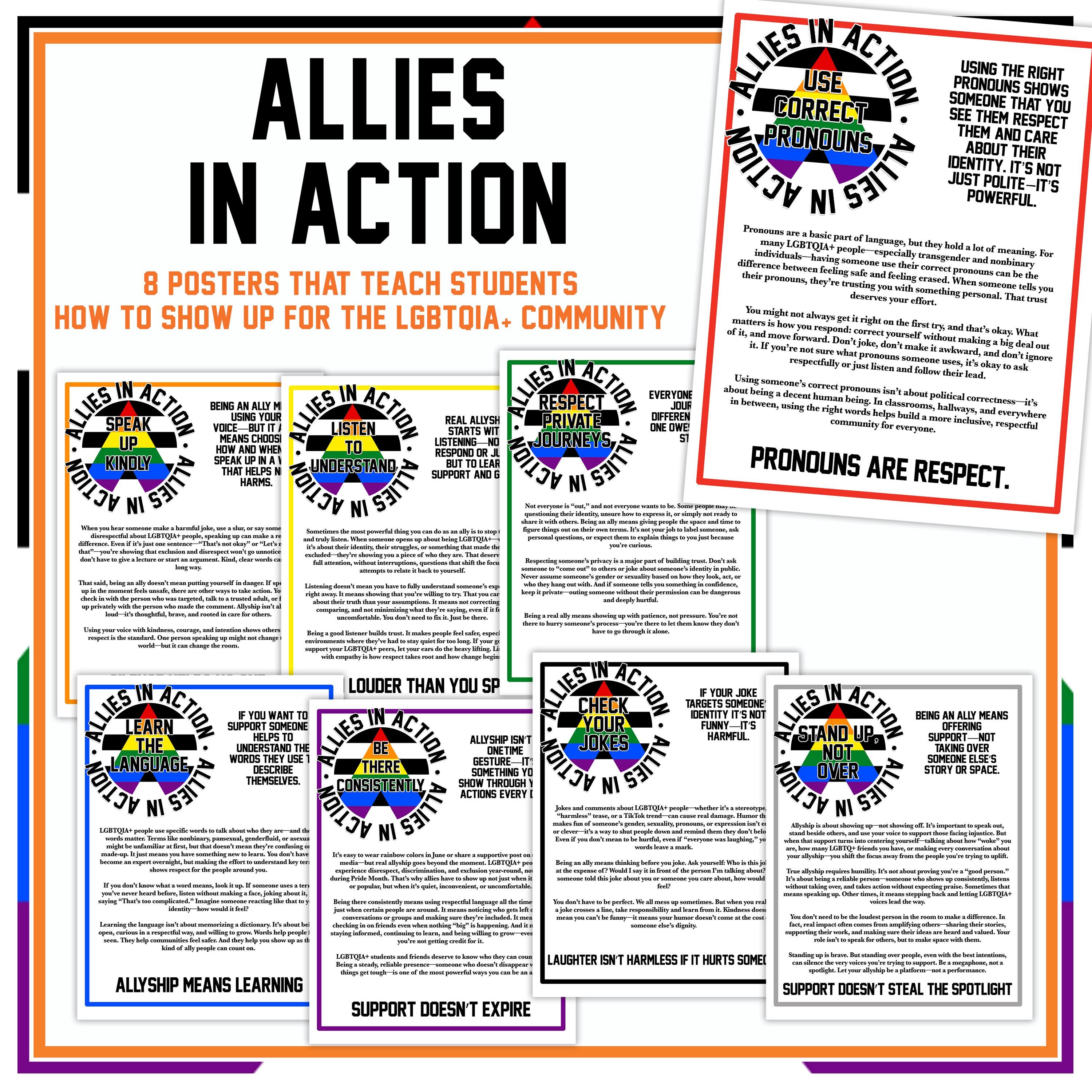 Pride Month Bulletin Board | Allies in Action Posters | LGBTQIA+ Pride Month Digital Classroom Decor | 8 Printable Allyship Posters for June