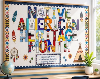 Puede incluir: Un tablón de anuncios con el texto NATIVE AMERICAN HERITAGE MONTH en letras grandes y coloridas rellenas de diversos patrones y símbolos tribales. El tablero incluye recortes de plumas, un atrapasueños y un tipi.