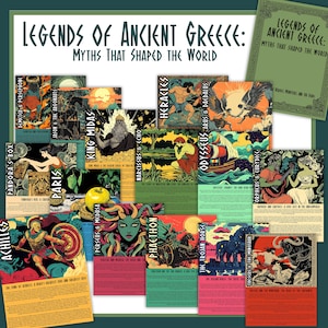 Tablón de anuncios de mitología griega / Decoración de clase de historia de mitos griegos antiguos / Juego de carteles de dioses griegos / Carteles de dioses y diosas de la antigua Grecia