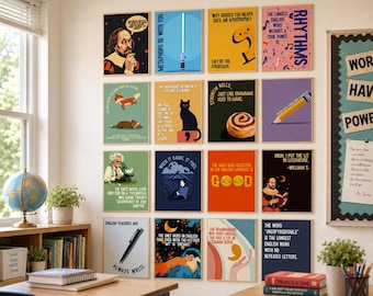 May include: A collection of framed art prints with educational and literary themes. The prints feature illustrations and text, including quotes, grammar lessons, and literary references. The color palette includes blues, yellows, and reds. The prints are displayed on a white wall.
