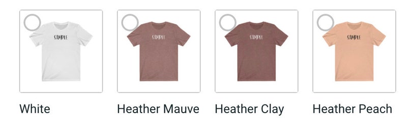 May include: Four short-sleeved t-shirts in white, heather mauve, heather clay, and heather peach. Each shirt has the word "SIMPLE" printed in black across the chest. The shirts are displayed in individual product boxes with color names below.