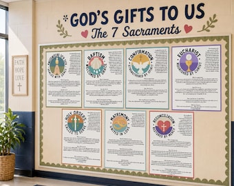 Puede incluir: Un gran tablón de anuncios titulado GOD'S GIFTS TO US The 7 Sacraments, que presenta siete carteles rectangulares que detallan el bautismo, la confirmación, la eucaristía, la reconciliación, la unción, el orden y el matrimonio.