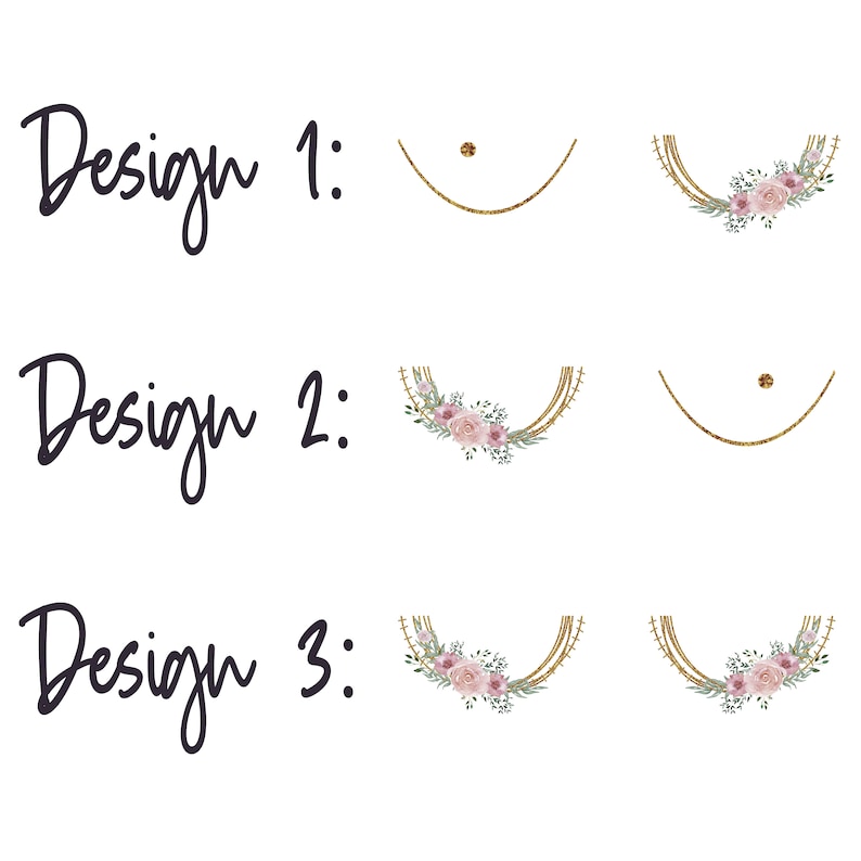 May include: Three different designs for a breast cancer awareness ribbon. The first design features a gold glitter ribbon with a small gold glitter dot in the center. The second design features a gold glitter ribbon with a floral wreath on the left side. The third design features two floral wreaths, one on each side of the gold glitter ribbon.