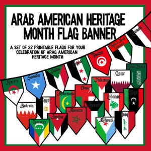 Banderín con la bandera del Mes de la Herencia Árabe Estadounidense / Banner imprimible con las banderas de los 22 países / Decoración para eventos en el aula / Tablón de anuncios con la historia de los países árabes