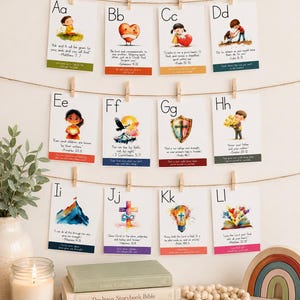 ABC-flitskaarten bijbelteksten voor kinderen | Afdrukbare schrift memorisatie verzen alfabet kaartenset | Homeschool Pre-K zondagsschool