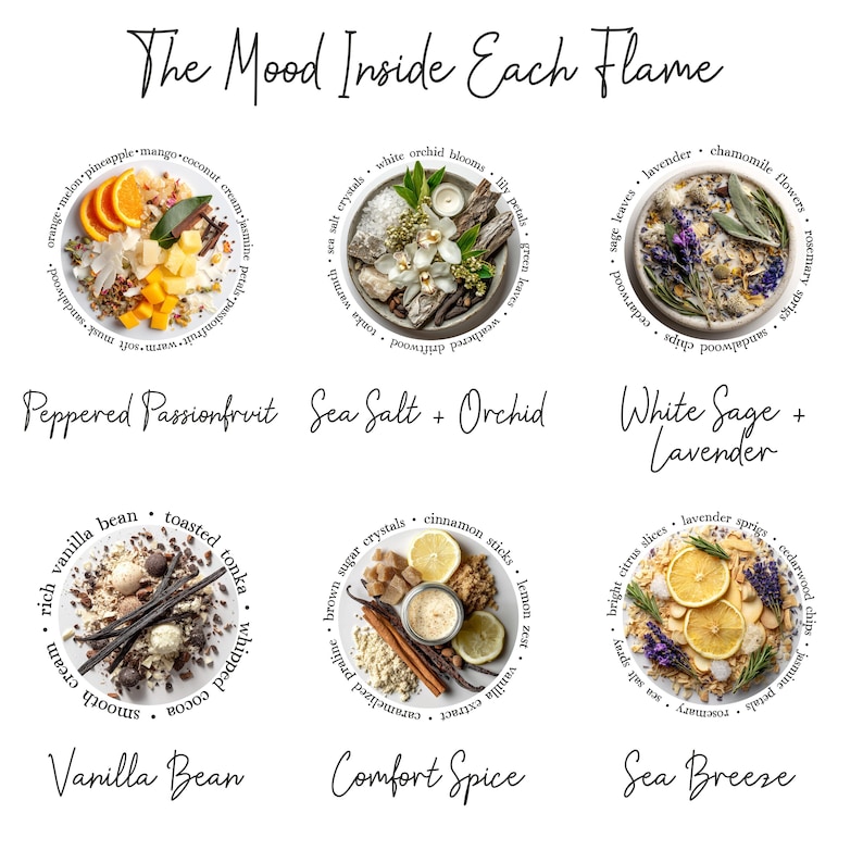 May include: An image showcasing six different fragrance blends, each presented in a small, round dish. The blends include Peppered Passionfruit, Sea Salt + Orchid, White Sage + Lavender, Vanilla Bean, Comfort Spice, and Sea Breeze. The text "The Mood Inside Each Flame" is at the top.