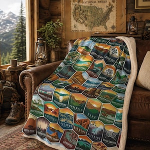 National Parks Sherpa Fleece Blanket | US Park Camp Throw Blanket | Camping RV Gift | Baby Nursery Decor Shower Gift | Motor Home Souvenir
