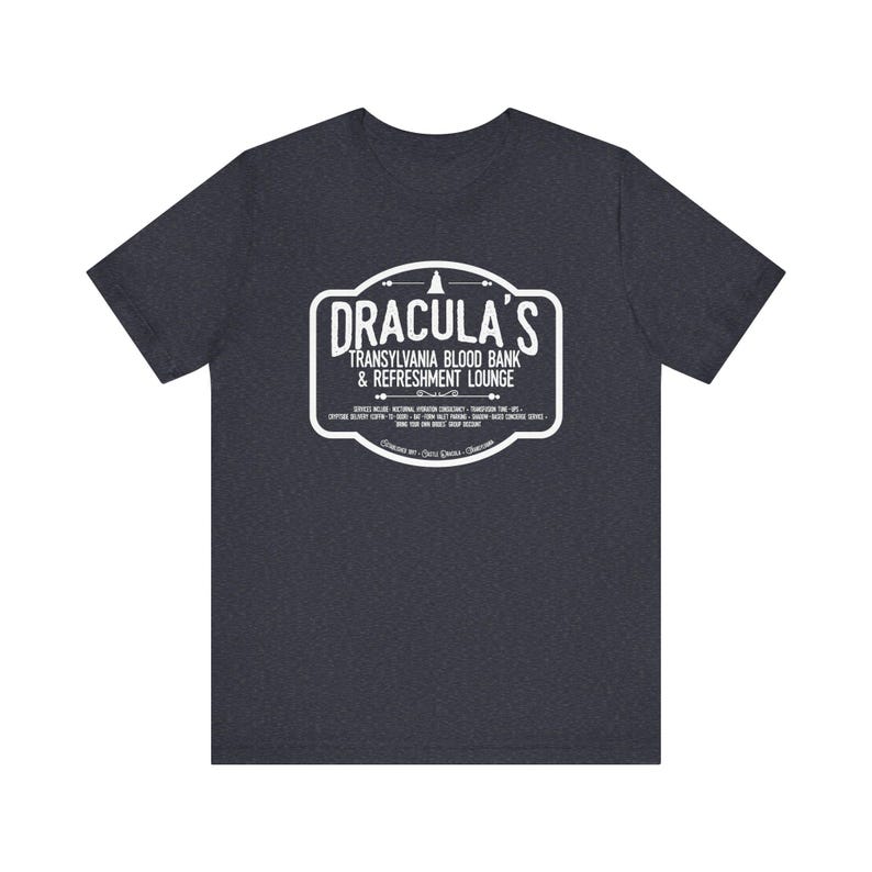 Dracula Shirt | Transylvania Blood Bank Tee | Classic Horror Literary TShirt | Vampire Humor Gift, Gothic Book Lover Dark Academia Aesthetic Heather Navy