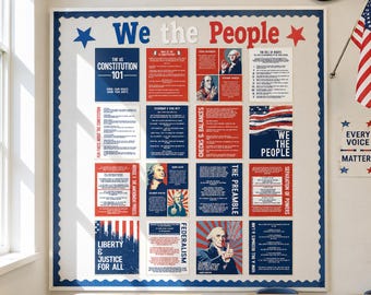 May include: A large rectangular bulletin board titled We the People, featuring educational posters about the US Constitution, Bill of Rights, and historical figures. The display uses a red, white, and blue color scheme with stars and stripes.