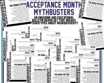 Könnte beinhalten: Eine Pinnwand mit dem Titel "Neurodiversity Acceptance Month Mythbusters" mit Text und Grafiken. Die Tafel bricht Stereotypen über Neurodiversität auf und enthält Fakten und entlarvt Mythen über Autismus, ADHS, Legasthenie und andere Erkrankungen.