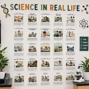 May include: A wall display featuring the text SCIENCE IN REAL LIFE with twenty-five educational posters depicting various professions like aerospace engineer, veterinarian, and baker, accompanied by wall-mounted science-themed icons.