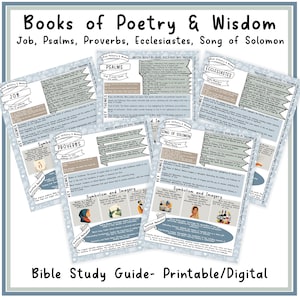 Przewodnik po studium Biblii | Cyfrowy przewodnik po książkach poezji i mądrości | Wydrukowane notatki biblijne, Księga Hioba Psalmy Przysłowia Księga Koheleta Salomon Podsumowanie