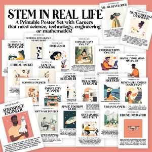 Poster di carriera STEM / Carriere che richiedono un set di bacheche di scienza, tecnologia, ingegneria e matematica / Decorazione poster STEAM stampabile per l'aula