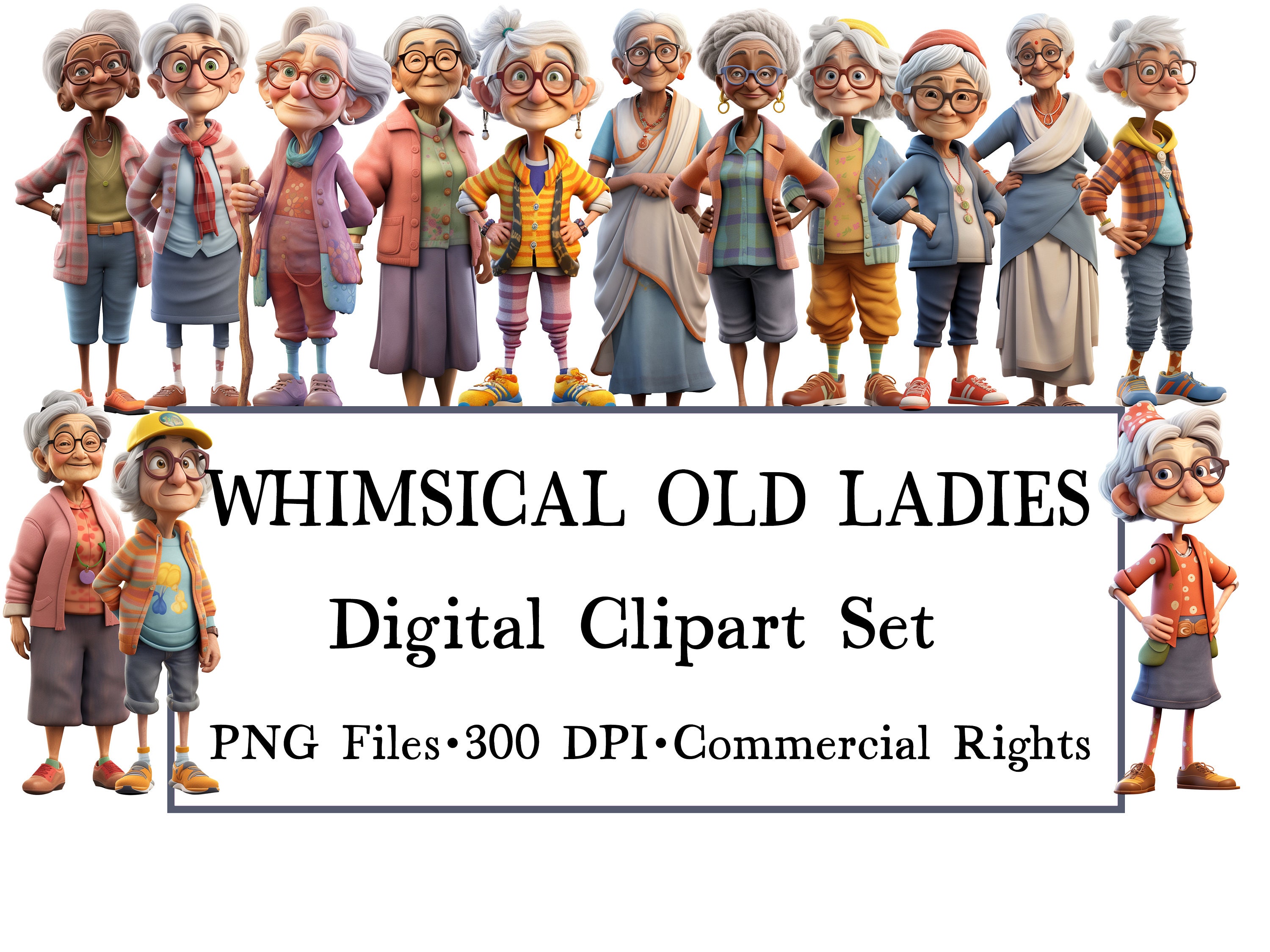 Whimsical Old Lady Clipart | Funny Grandma PNG Clip Art | Granny ...