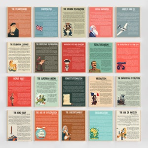 May include: A set of 20 colorful posters with illustrations and text about historical periods. The posters are arranged in a grid pattern on a white wall. The posters include titles such as "The Renaissance", "Imperialism", "The French Revolution", "Social Darwinism", "World War II", "The Columbian Exchange", "The Protestant Reformation", "Napoleon's Epic War Adventure", "Totalitarianism", "The Revolutions of 1848", "World War I", "The European Union", "Constitutionalism", "Absolutism", "The Industrial Revolution", "The Cold War", "The Age of Exploration", "The Enlightenment", "Decolonization", and "The Age of Anxiety".