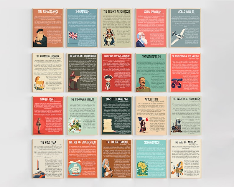 May include: A set of 20 colorful posters with illustrations and text about historical periods. The posters are arranged in a grid pattern on a white wall. The posters include titles such as "The Renaissance", "Imperialism", "The French Revolution", "Social Darwinism", "World War II", "The Columbian Exchange", "The Protestant Reformation", "Napoleon's Epic War Adventure", "Totalitarianism", "The Revolutions of 1848", "World War I", "The European Union", "Constitutionalism", "Absolutism", "The Industrial Revolution", "The Cold War", "The Age of Exploration", "The Enlightenment", "Decolonization", and "The Age of Anxiety".