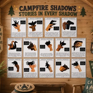 May include: A collection of framed shadow puppet illustrations, each depicting a different animal created with hand gestures. The text "Campfire Shadows Stories in Every Shadow" is displayed above the illustrations. The room has a rustic, cabin-like aesthetic.