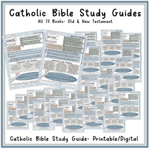 May include: A collection of Catholic Bible study guides featuring 73 books from the Old and New Testament. The documents are printed on light blue paper with black text, organized into sections including key themes, symbolism, and imagery.