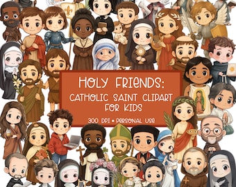 May include: A collection of cartoon illustrations of various Catholic saints, including Mother Teresa, Saint Francis, and others. The image features a variety of characters with different skin tones and attire, with the text "Holy Friends: Catholic Saint Clipart for Kids".