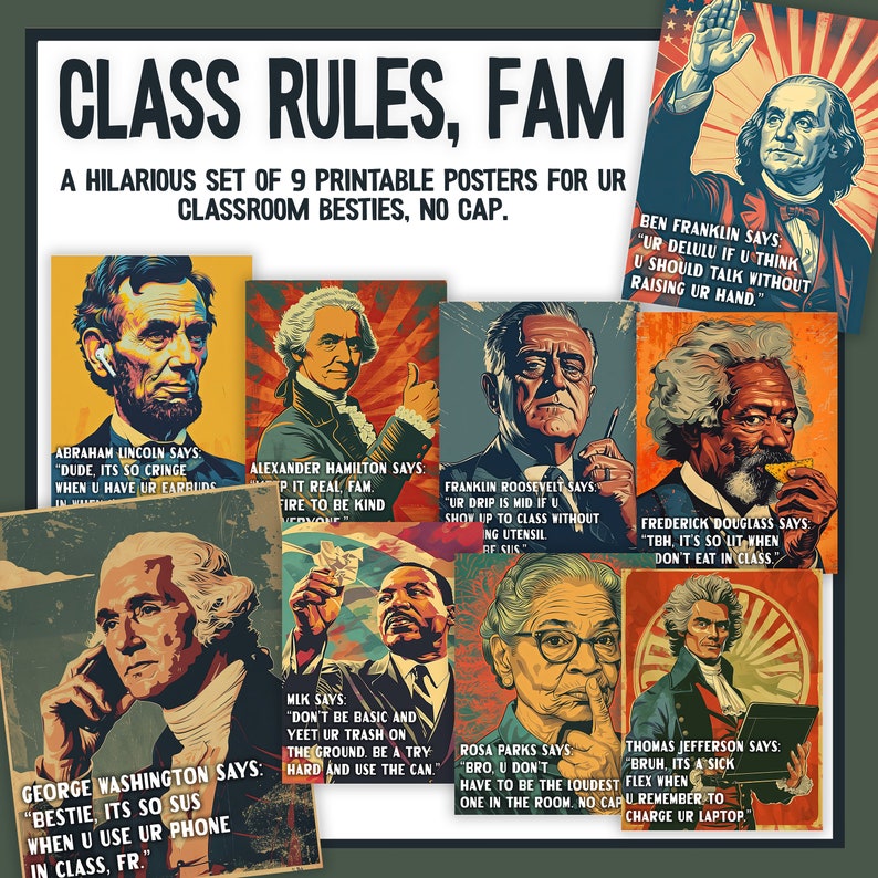 Funny US History Class Rules Posters | Social Studies Slang Bulletin Board Poster, High School Middle School Teacher Poster Set Decor Bundle