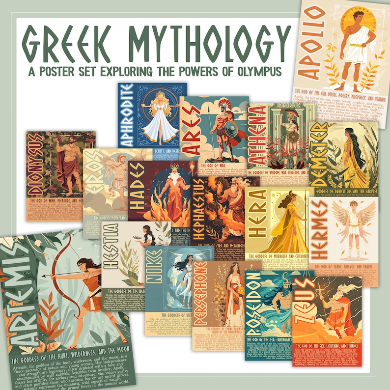 May include: A collection of Greek mythology posters featuring illustrated figures including Artemis, Apollo, Aphrodite, Ares, Athena, Demeter, Dionysus, Eros, Hades, Hephaestus, Hera, Hermes, Hestia, Nike, Persephone, Poseidon, and Zeus with descriptive text.