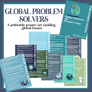 Carteles sobre cuestiones de concienciación global / Tablón de anuncios para profesores de estudios sociales sobre cambio climático, derechos humanos, ciencias ambientales y economía
