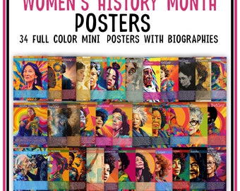 May include: A set of 34 colorful mini posters featuring portraits of notable women throughout history. Each poster includes a biography of the featured woman. The posters are designed in a vibrant, abstract style with geometric shapes and bright colors.