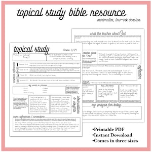 Puede incluir: Un recurso bíblico de estudio temático minimalista y de tinta baja. La imagen presenta dos páginas con texto sobre la confianza, referencias bíblicas y palabras clave. El texto incluye "PDF imprimible", "Descarga instantánea" y "Disponible en tres tamaños".