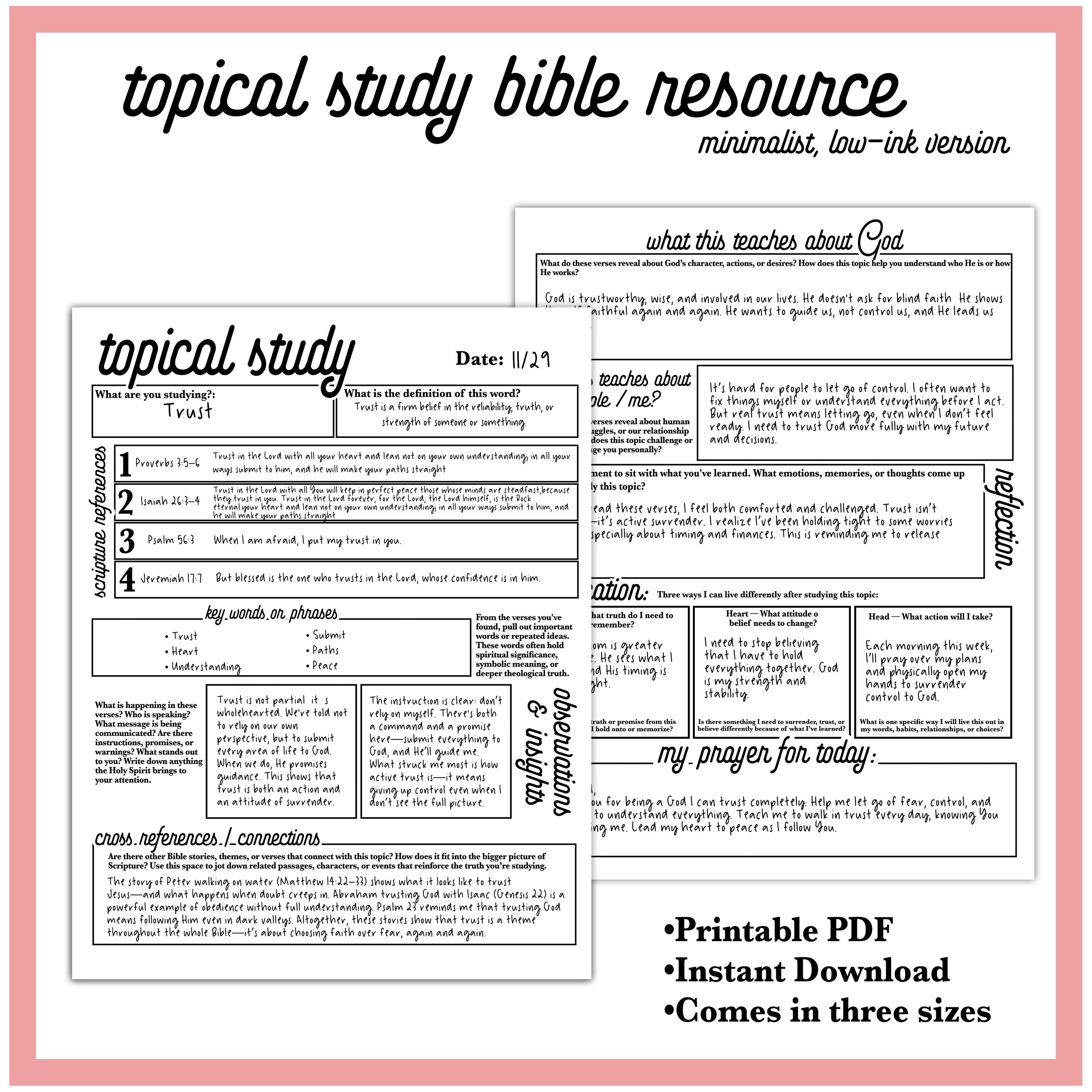 Topical Bible Study Worksheet | Printable Faith-Based Study Template | Bible Themes for Small Groups, Devotions, or Journaling
