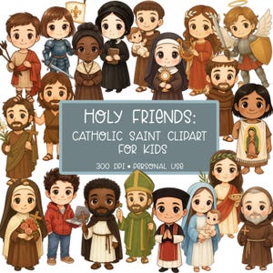 Catholic Saint Clipart for Kids | Printable Chibi Saint PNGs | Faith-Based Digital Art for Lent, All Saints Day | Catholic Classroom Decor