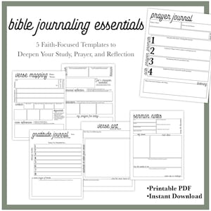 May include: A collection of printable PDF templates for Bible journaling. The pages include prompts for verse mapping, prayer, gratitude, and sermon notes. The text on the image reads "bible journaling essentials" and "Instant Download."
