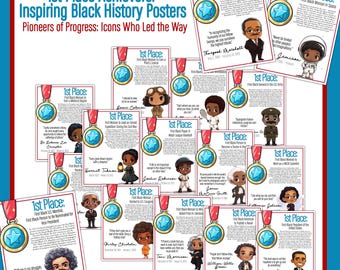 Könnte beinhalten: Ein farbenfroher Postersatz mit Illustrationen bemerkenswerter schwarzer historischer Persönlichkeiten, jede mit einer blauen Sternenmedaille und einer Bildunterschrift, die ihre Leistungen hervorhebt. Der Postersatz enthält Figuren wie Thurgood Marshall, Jackie Robinson und Barack Obama. Der Titel des Postersatzes lautet "1st Place Achievers: Inspiring Black History Posters".