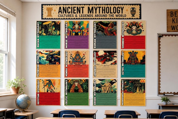 Ancient Mythology Bulletin Board | Mythologies Poster Set | Cultures around the World History Decor Posters | Mayan Greek Roman Egypt Aztec