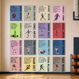 May include: A collection of 16 motivational posters featuring famous athletes with inspirational quotes. Each poster has a different color background and a portrait of the athlete. The posters are displayed on a wall in a gymnasium.