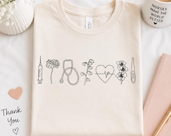 Nurse Minimal Medical Shirt | Doctor RN Gift TShirt | Floral Minimal Tee | Nicu, Picu, Dr, Travel Nurse, Peds, L&D, Mother Baby | Grad Gifts