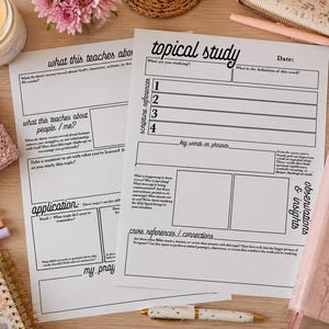 Pode incluir: Duas folhas brancas com texto impresso para estudo tópico e anotações, ao lado de uma Bíblia rosa, um caderno floral e uma vela acesa em um pote de vidro. Uma caneta e marcadores pastel também são visíveis.