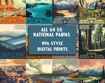 May include: A collection of digital prints featuring illustrations of US National Parks, including Capitol Reef, Virgin Islands, Wrangell-St. Elias, Yosemite, Great Smoky Mountains, Sequoia, Grand Canyon, Hawaii Volcanoes, Katmai, and Kobuk Valley.