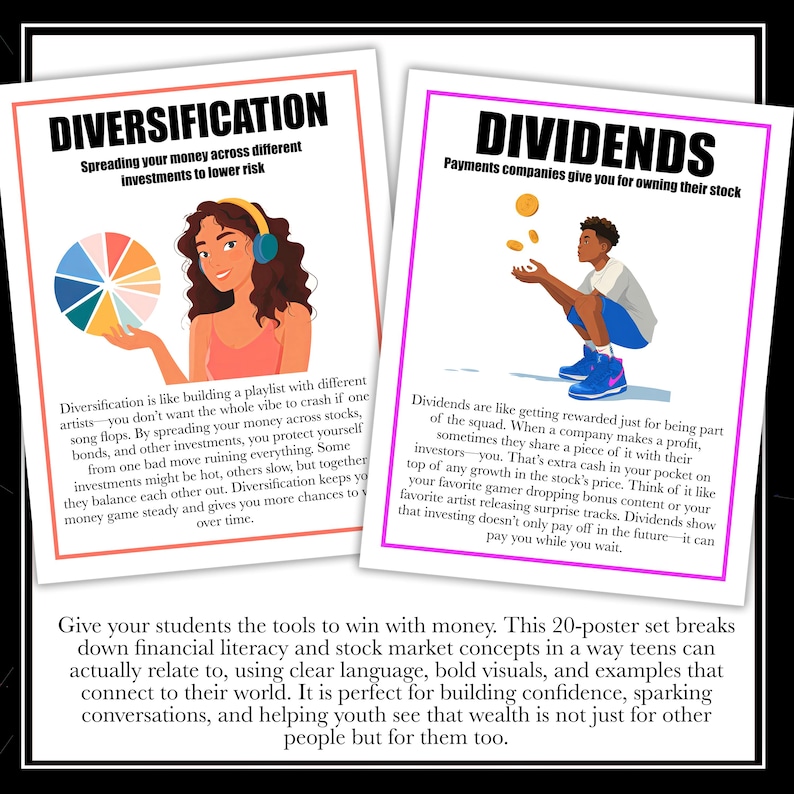 May include: Two educational posters featuring financial literacy concepts. The left poster titled DIVERSIFICATION shows a person holding a colorful pie chart. The right poster titled DIVIDENDS shows a person juggling gold coins. Both include text.