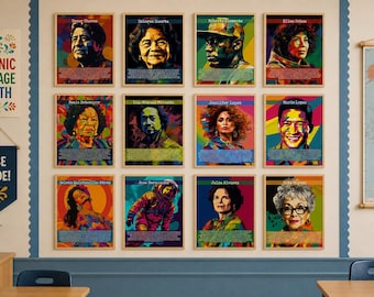 May include: A classroom wall displays twelve framed portraits of Hispanic figures in a pop art style. The portraits are brightly coloured and feature bold lines. A banner reading "Hispanic Heritage Month" is also visible, along with a map of the world.