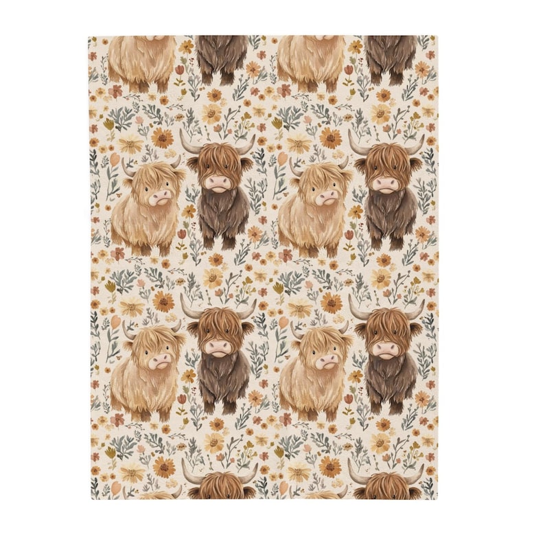 May include: A patterned textile featuring a repeating design of Highland cows in shades of brown and tan, interspersed with floral elements in yellow and green. The background is a cream color.