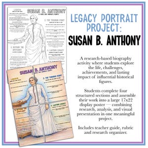 May include: A research-based biography project featuring Susan B. Anthony. The project includes a display poster, teacher guide, and rubric. Students explore the life, challenges, and achievements of historical figures. The poster is 17x22 inches.