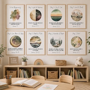 May include: A set of eight framed art prints with watercolor illustrations depicting the days of creation. Each print features a circular image and text from Genesis. The prints are displayed above a wooden shelf with books and decor.