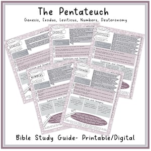 May include: A printable Bible study guide for the Pentateuch, which includes the books of Genesis, Exodus, Leviticus, Numbers, and Deuteronomy. The guide features key themes, symbolism, and imagery for each book.